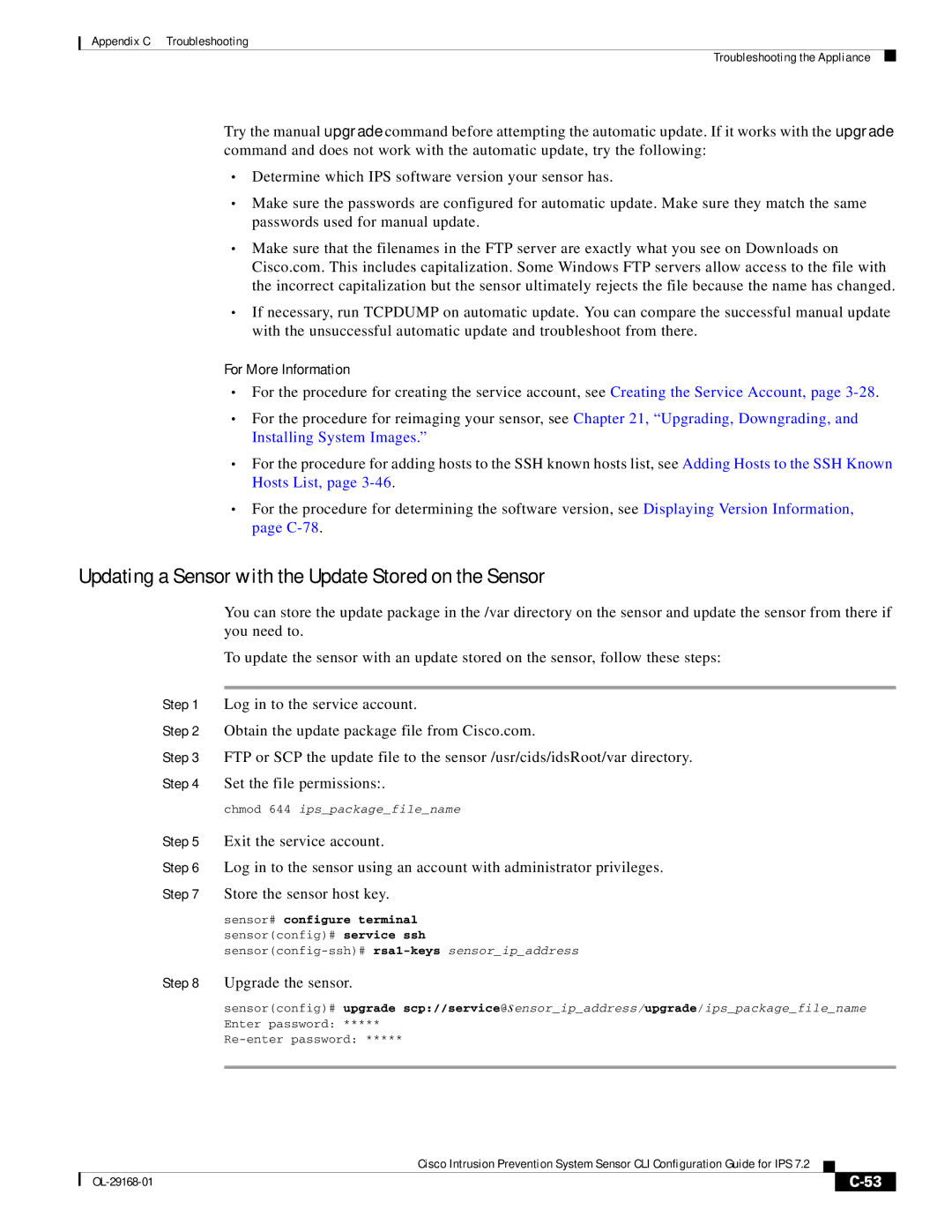 Cisco Systems IPS4510K9 manual Updating a Sensor with the Update Stored on the Sensor, Sensor# configure terminal 