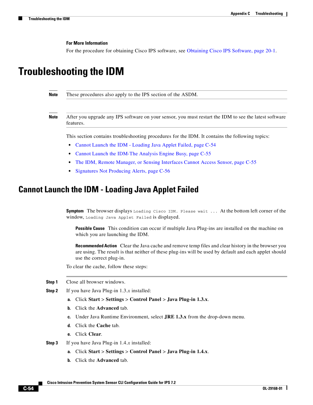 Cisco Systems IPS4510K9 Troubleshooting the IDM, Cannot Launch the IDM Loading Java Applet Failed, Click the Advanced tab 