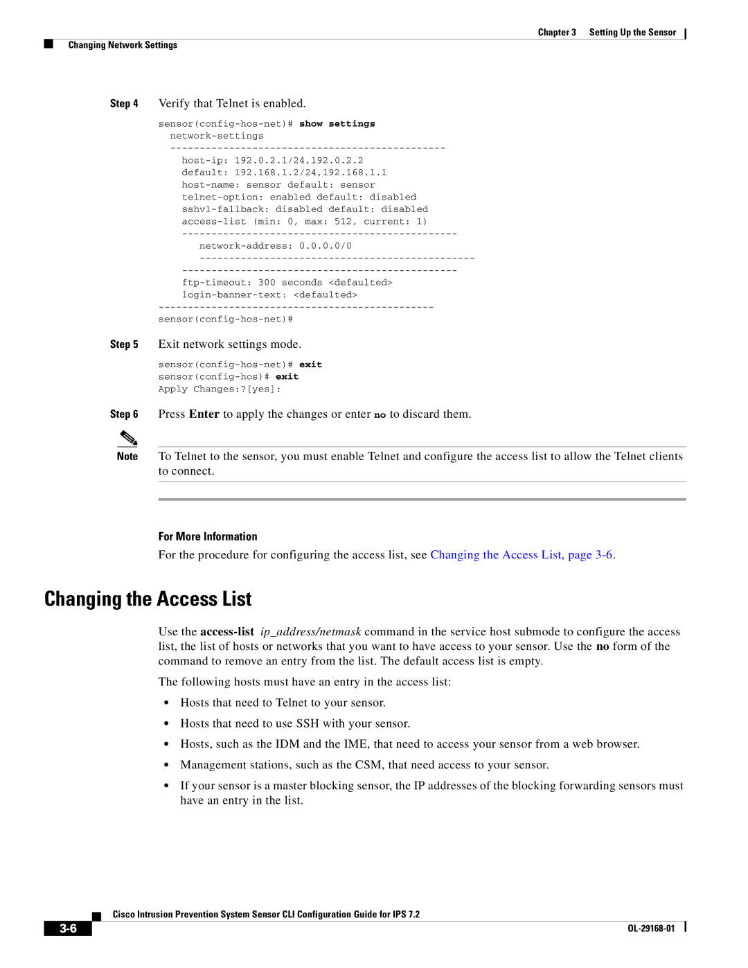 Cisco Systems IPS4510K9 manual Changing the Access List, Verify that Telnet is enabled 