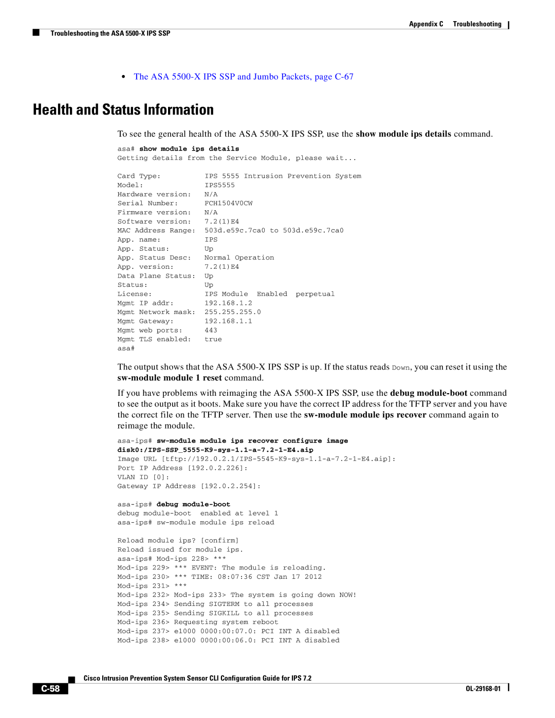 Cisco Systems IPS4510K9 manual Health and Status Information, Asa# show module ips details 