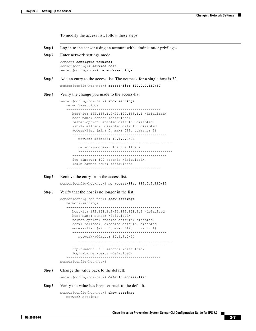 Cisco Systems IPS4510K9 manual Verify the change you made to the access-list, Remove the entry from the access list 