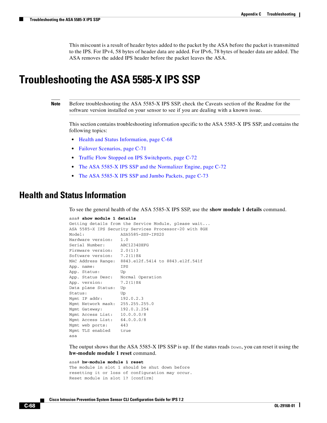 Cisco Systems IPS4510K9 manual Troubleshooting the ASA 5585-X IPS SSP, Hw-module module 1 reset command 