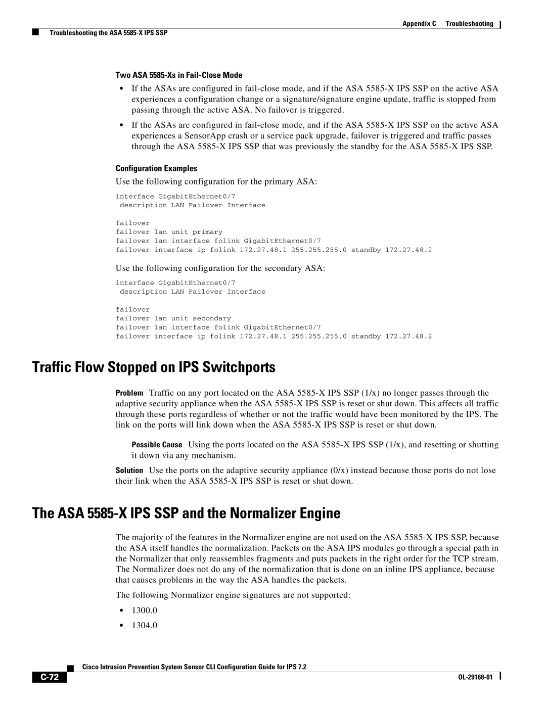 Cisco Systems IPS4510K9 manual Traffic Flow Stopped on IPS Switchports, ASA 5585-X IPS SSP and the Normalizer Engine 