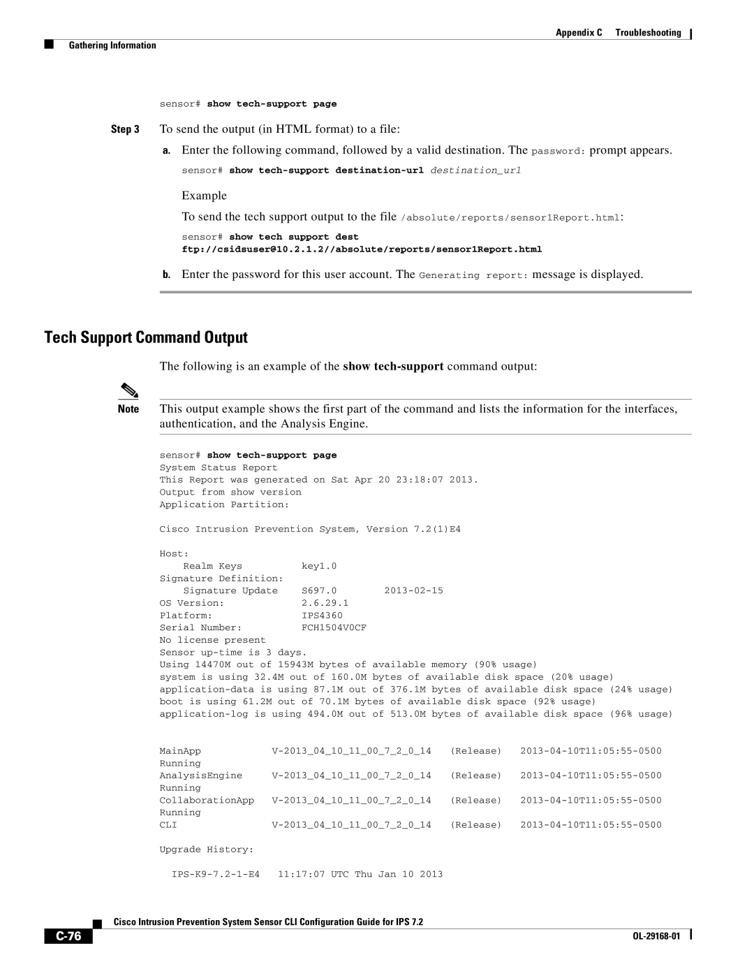 Cisco Systems IPS4510K9 manual Tech Support Command Output, Sensor# show tech-support page System Status Report 