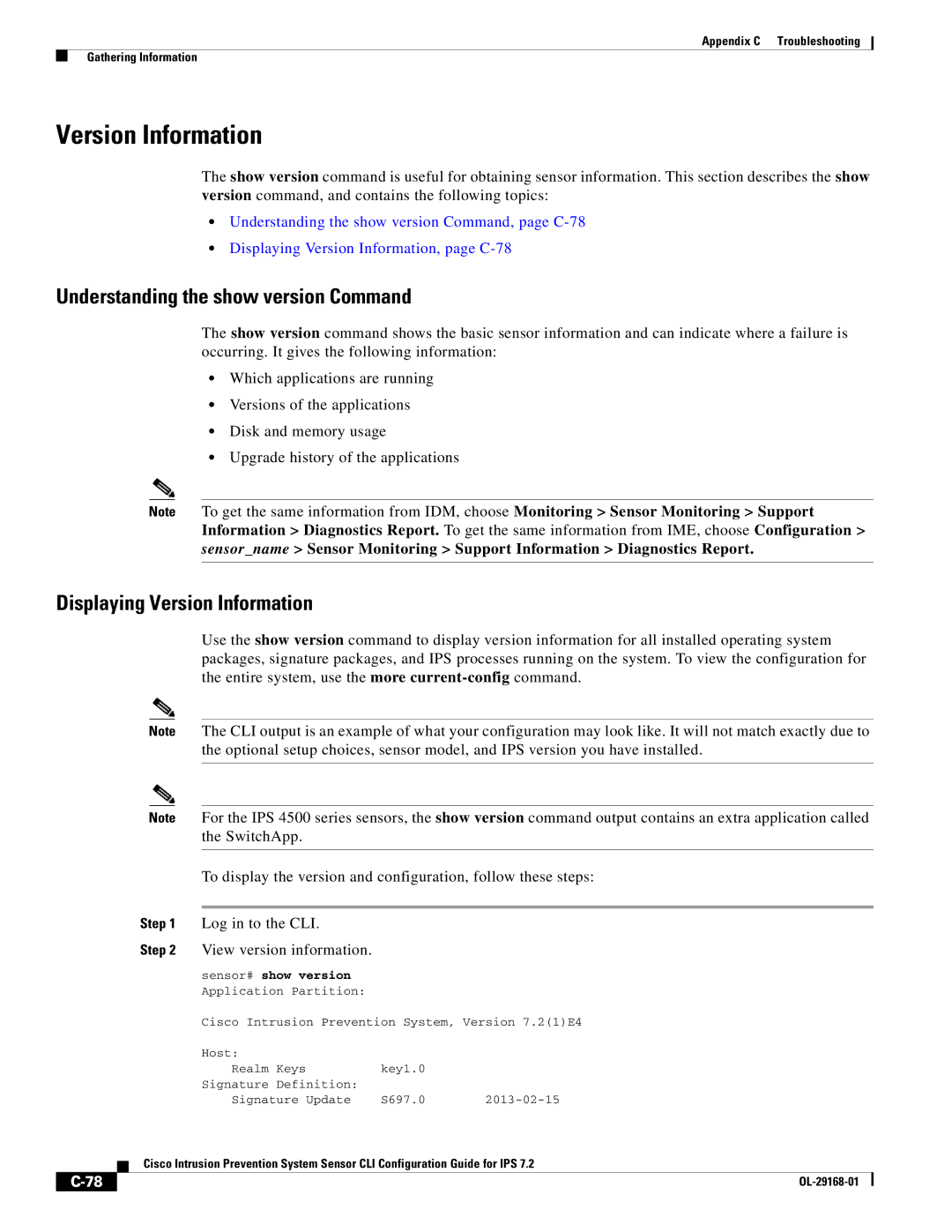 Cisco Systems IPS4510K9 manual Understanding the show version Command, Displaying Version Information 