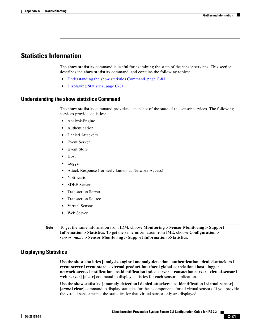 Cisco Systems IPS4510K9 manual Statistics Information, Understanding the show statistics Command, Displaying Statistics 