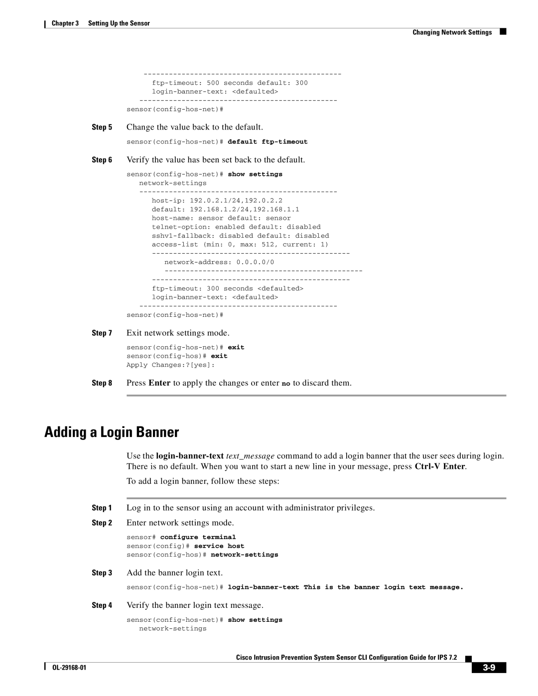 Cisco Systems IPS4510K9 manual Adding a Login Banner, Add the banner login text, Verify the banner login text message 