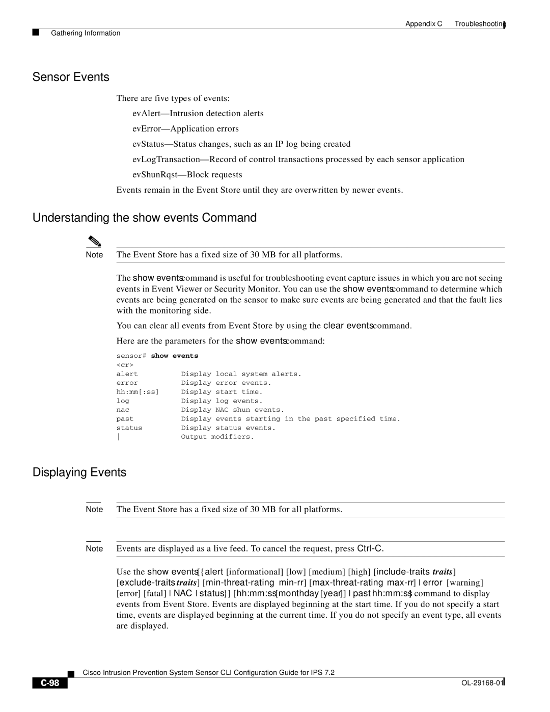 Cisco Systems IPS4510K9 manual Sensor Events, Understanding the show events Command, Displaying Events 