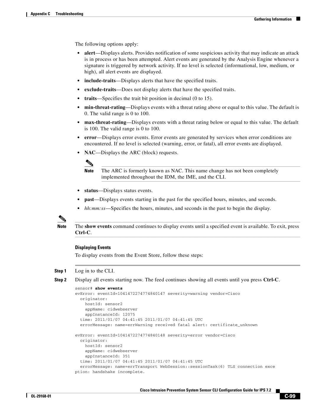 Cisco Systems IPS4510K9 manual Displaying Events 