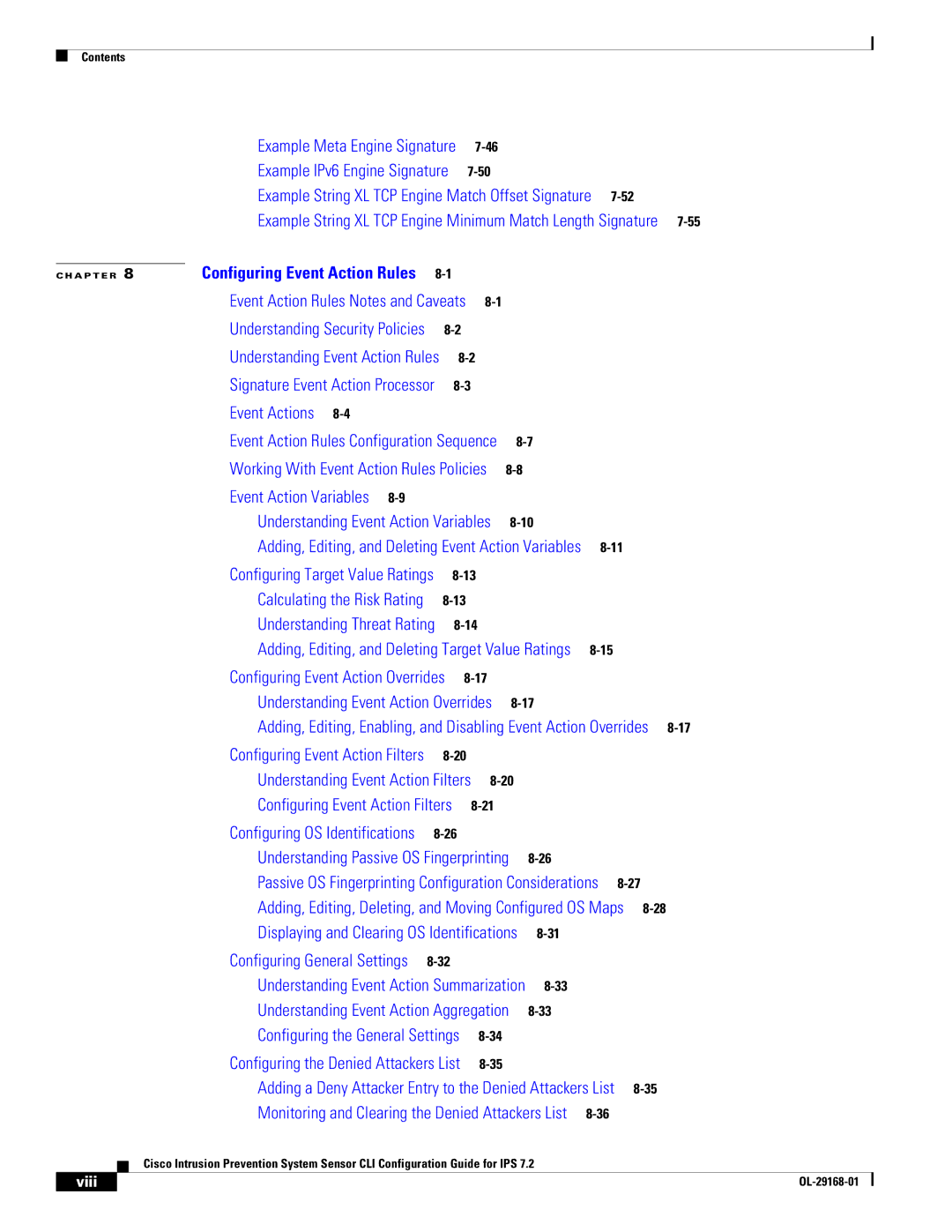 Cisco Systems IPS4510K9 manual Example String XL TCP Engine Match Offset Signature, Viii 