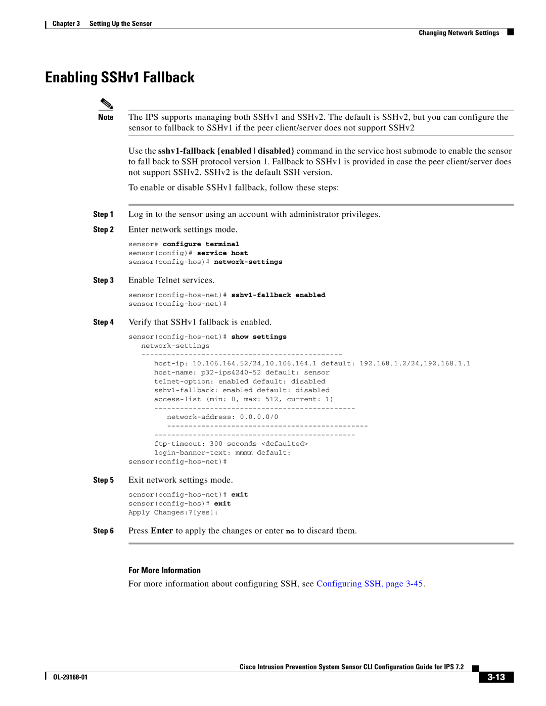 Cisco Systems IPS4510K9 manual Enabling SSHv1 Fallback, Verify that SSHv1 fallback is enabled 