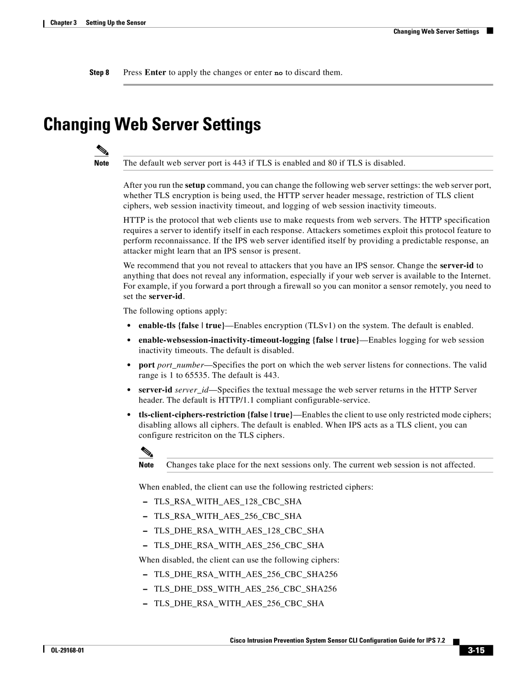 Cisco Systems IPS4510K9 manual Changing Web Server Settings, When disabled, the client can use the following ciphers 