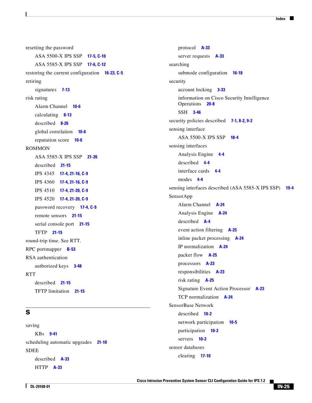 Cisco Systems IPS4510K9 manual Rtt, Sdee, Http A-33, IN-25 