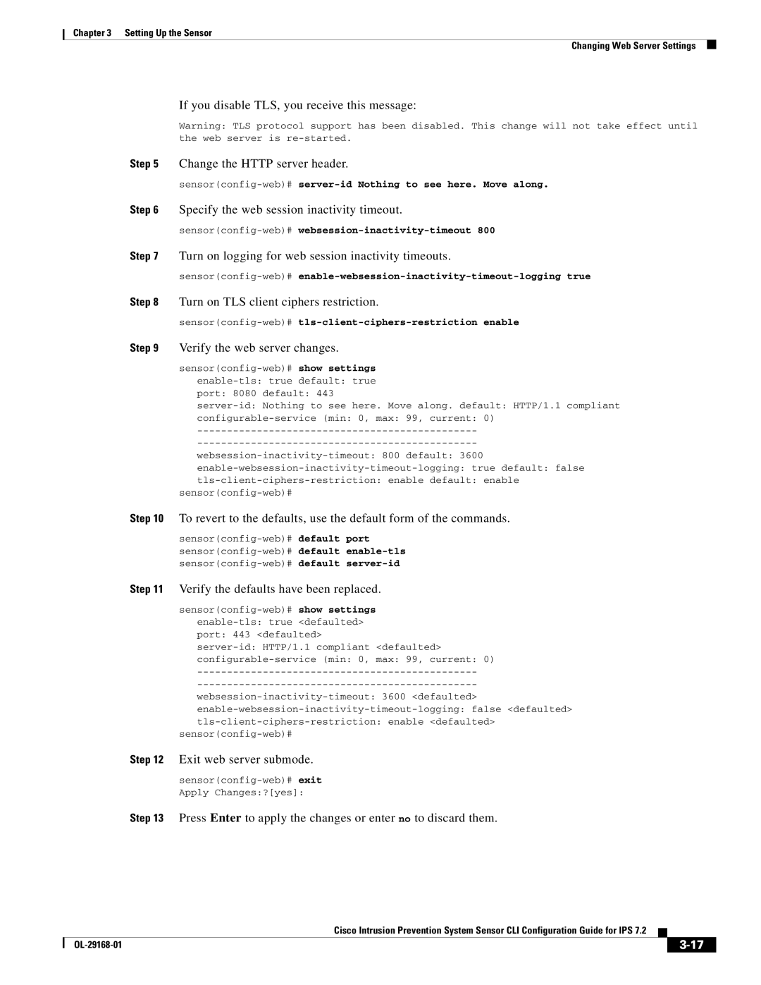 Cisco Systems IPS4510K9 Specify the web session inactivity timeout, Turn on logging for web session inactivity timeouts 