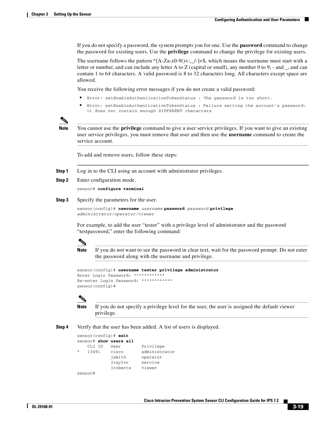 Cisco Systems IPS4510K9 Specify the parameters for the user, Sensorconfig# username username password password privilege 