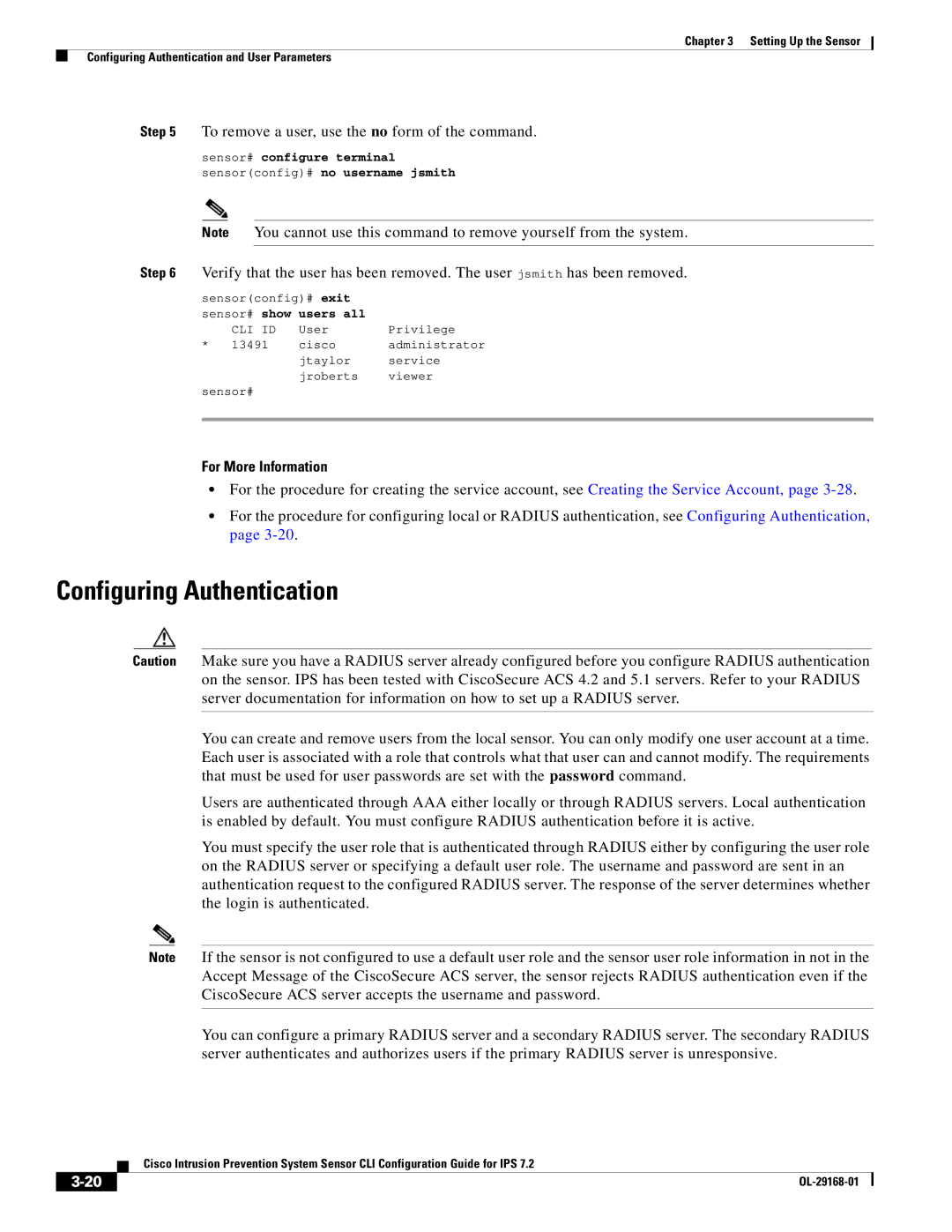 Cisco Systems IPS4510K9 manual Configuring Authentication, To remove a user, use the no form of the command 