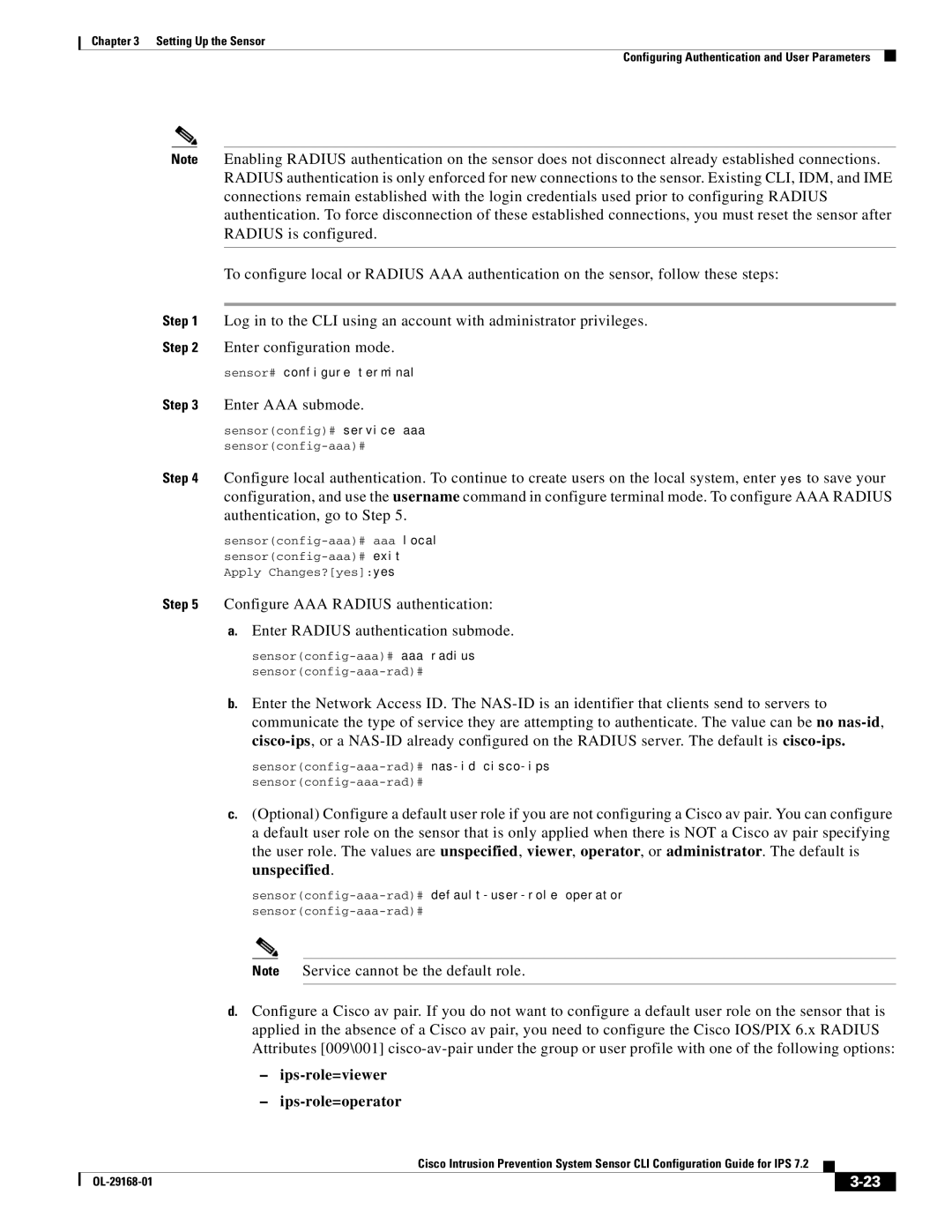 Cisco Systems IPS4510K9 manual Enter AAA submode, Sensorconfig-aaa-rad#default-user-role operator 