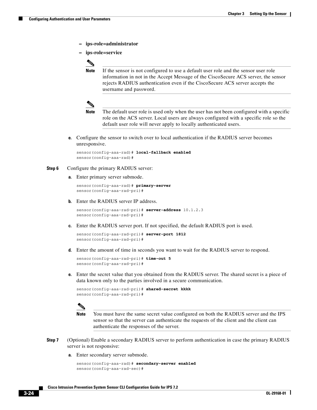 Cisco Systems IPS4510K9 manual Ips-role=administrator Ips-role=service, Enter the Radius server IP address 