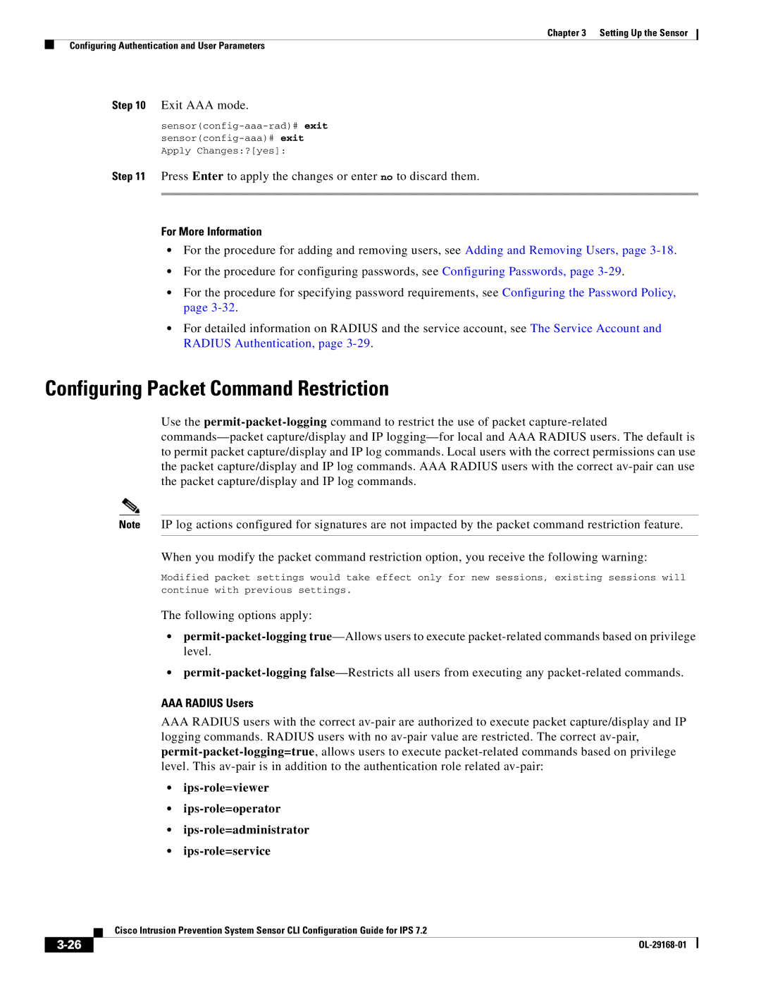 Cisco Systems IPS4510K9 manual Configuring Packet Command Restriction, Exit AAA mode, AAA Radius Users 