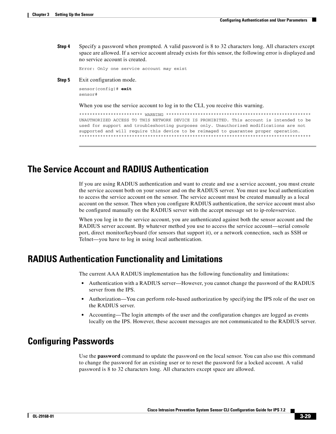 Cisco Systems IPS4510K9 Service Account and Radius Authentication, Radius Authentication Functionality and Limitations 