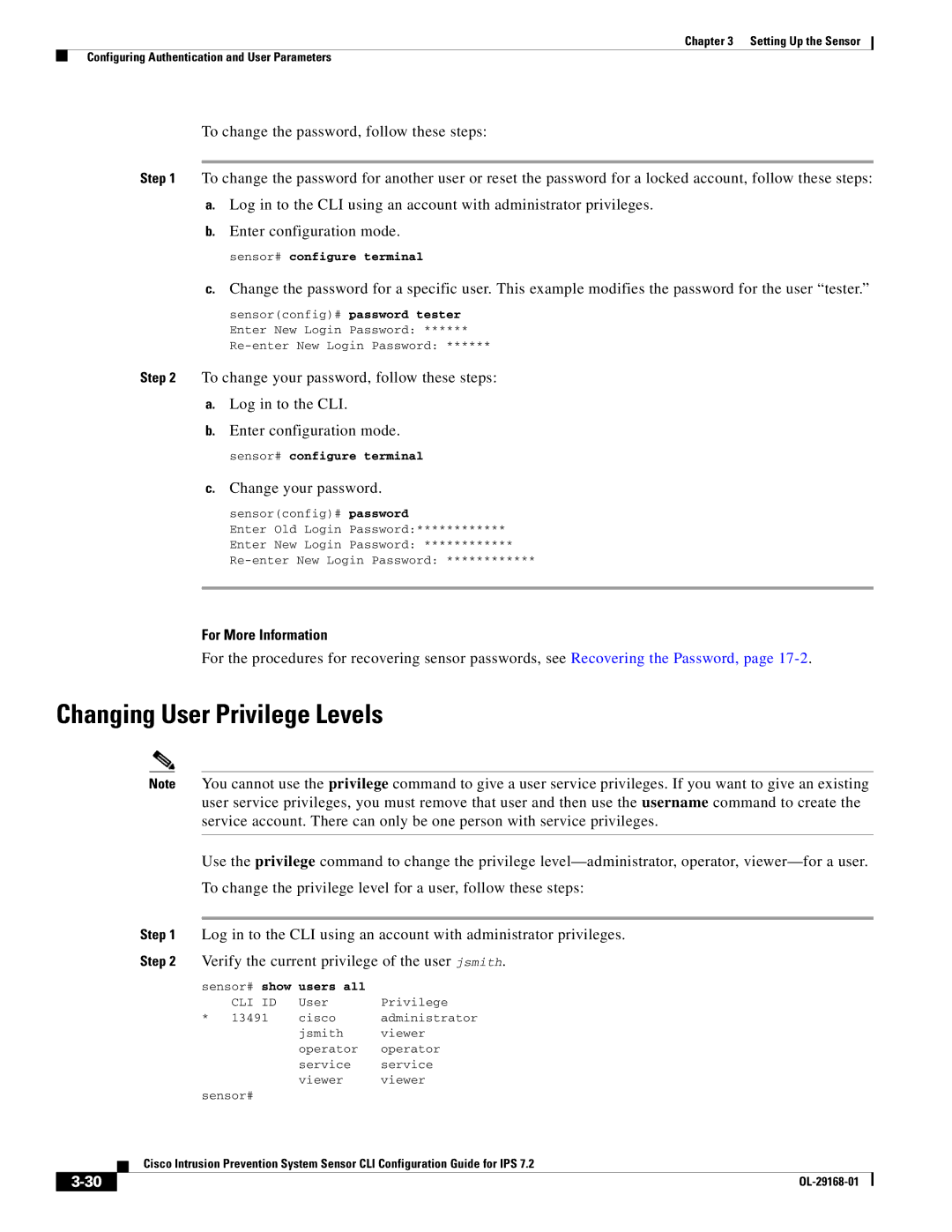 Cisco Systems IPS4510K9 manual Changing User Privilege Levels, Change your password 