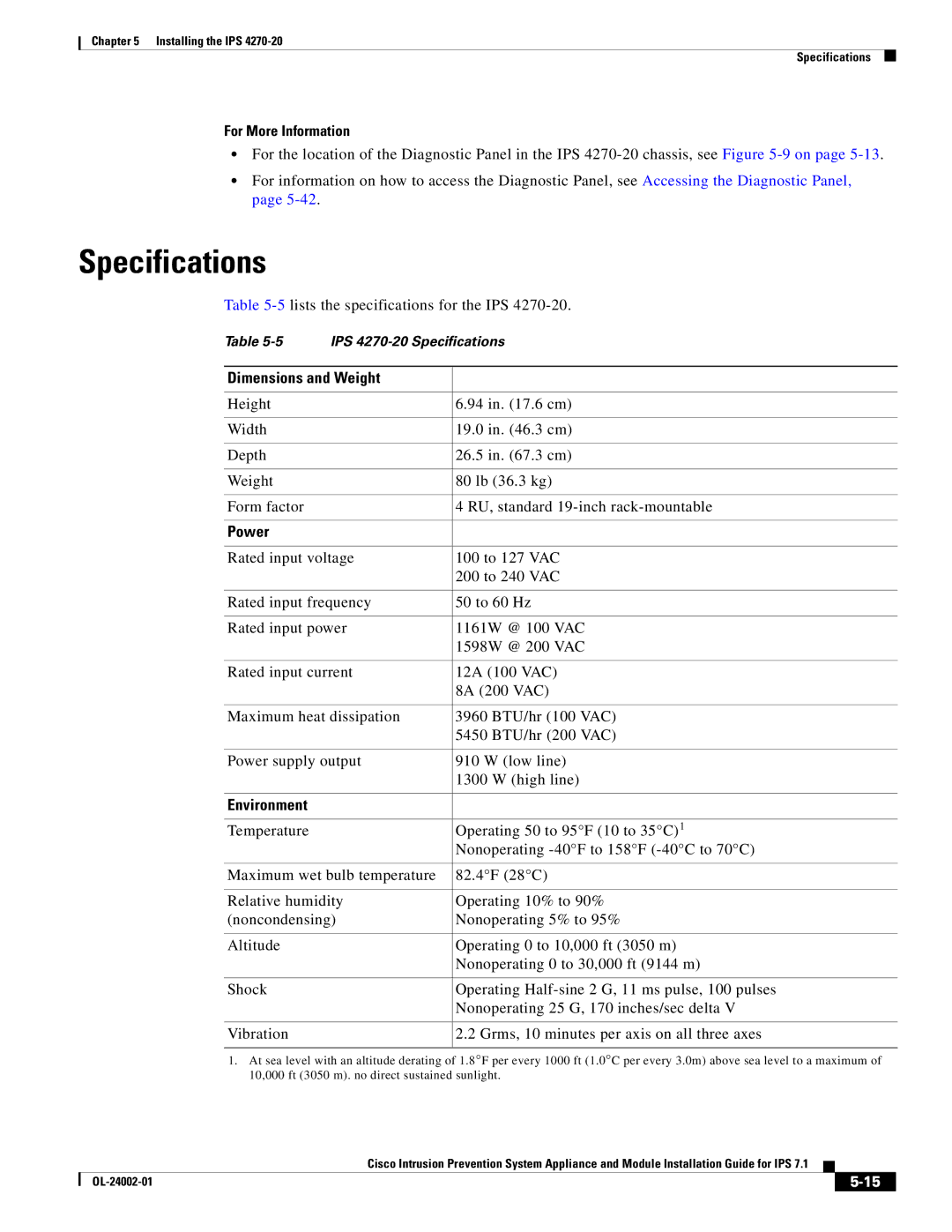 Cisco Systems IPS4520K9 manual For More Information, 5lists the specifications for the IPS 