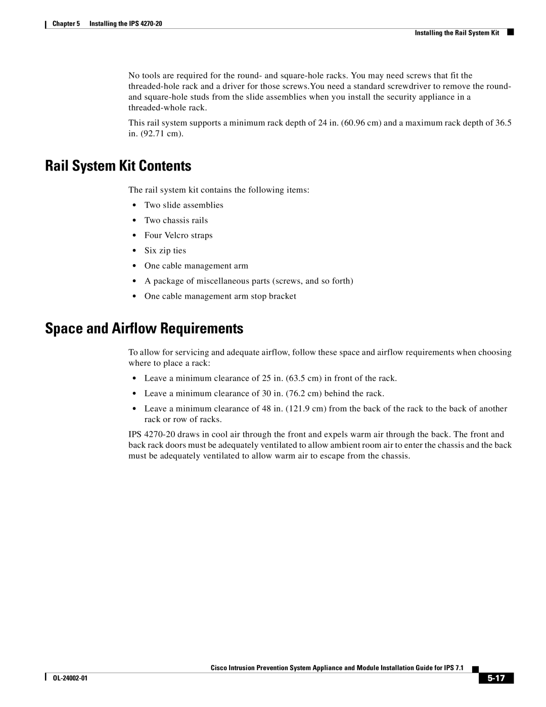 Cisco Systems IPS4520K9 manual Rail System Kit Contents, Space and Airflow Requirements 