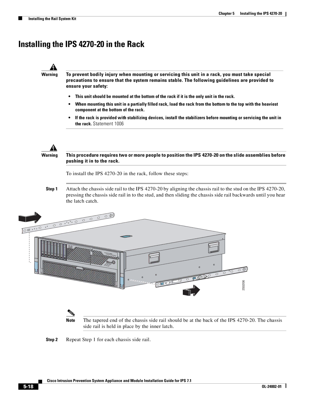 Cisco Systems IPS4520K9 manual Installing the IPS 4270-20 in the Rack, Repeat for each chassis side rail 