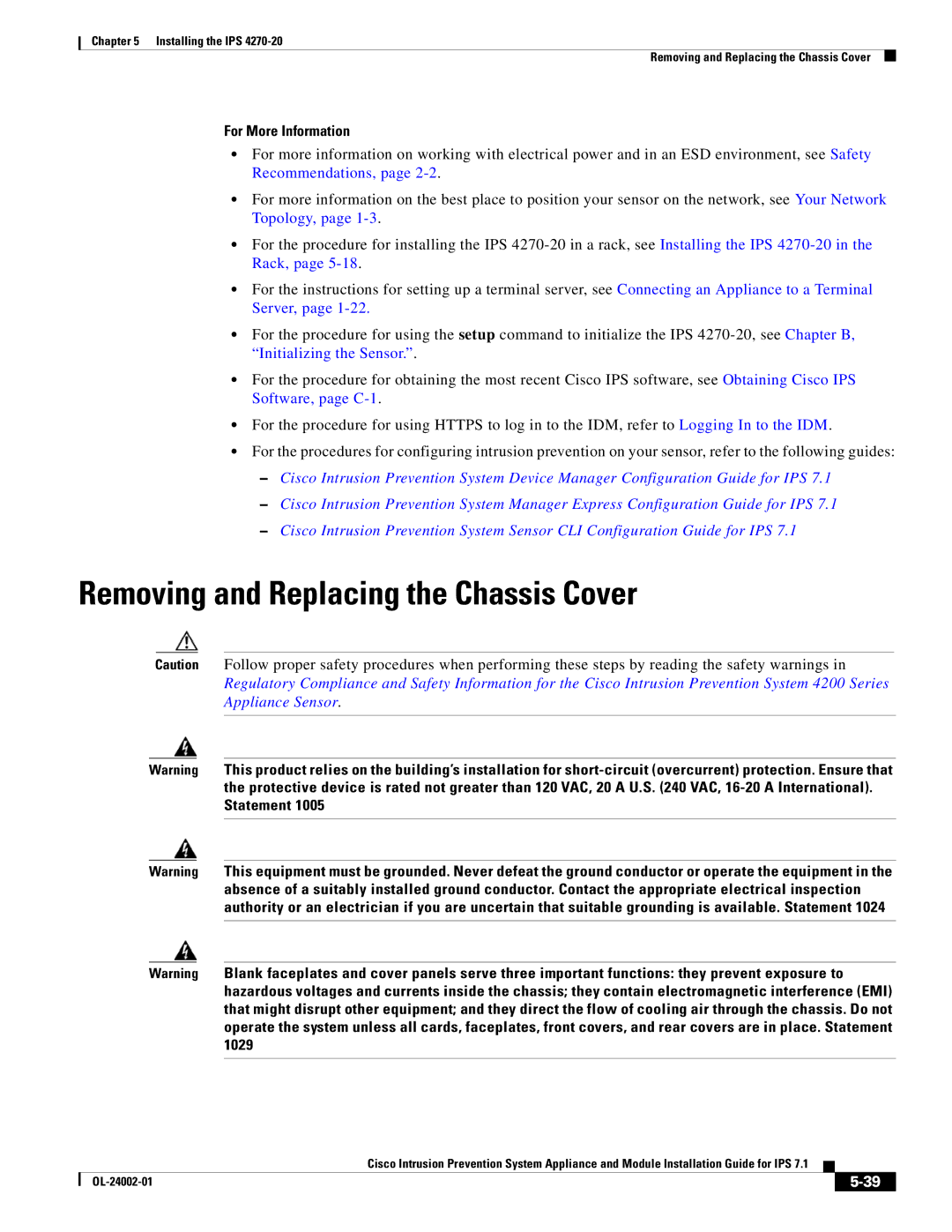 Cisco Systems IPS4520K9 manual Removing and Replacing the Chassis Cover 