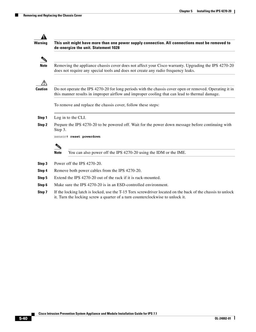 Cisco Systems IPS4520K9 manual Sensor# reset powerdown 