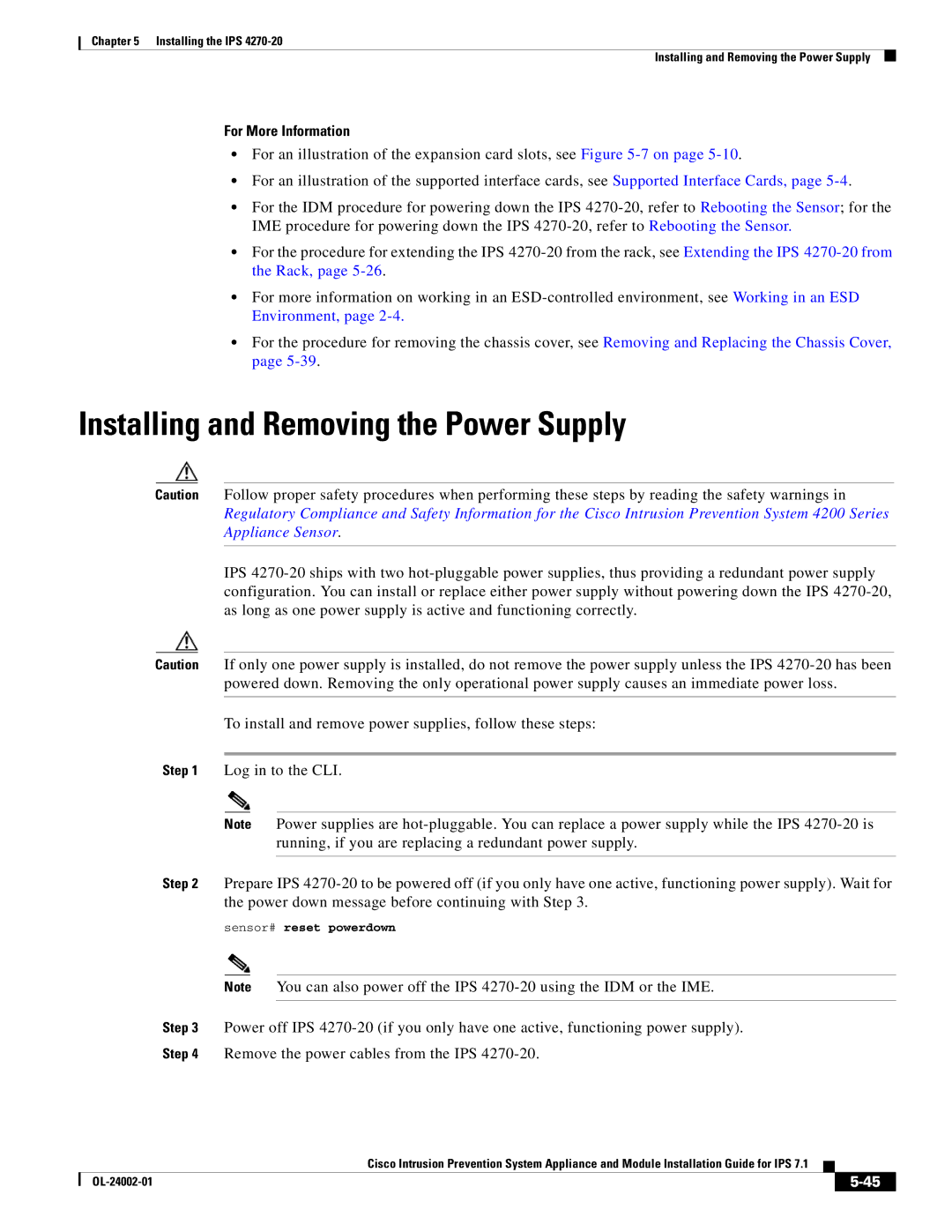 Cisco Systems IPS4520K9 manual Installing and Removing the Power Supply 