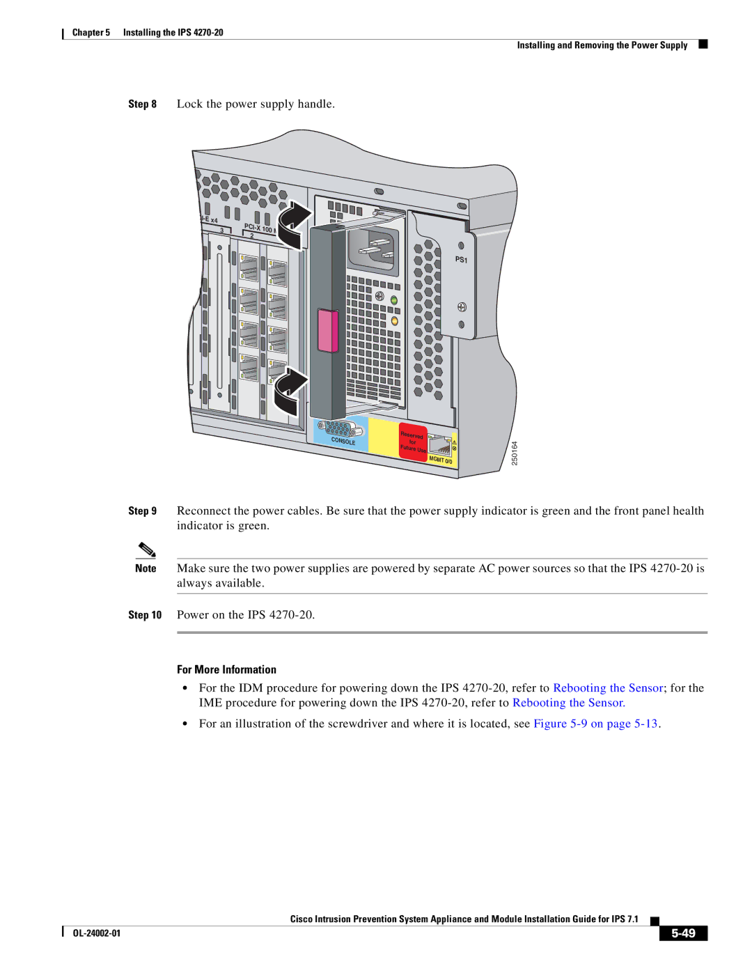 Cisco Systems IPS4520K9 manual Lock the power supply handle, For More Information 