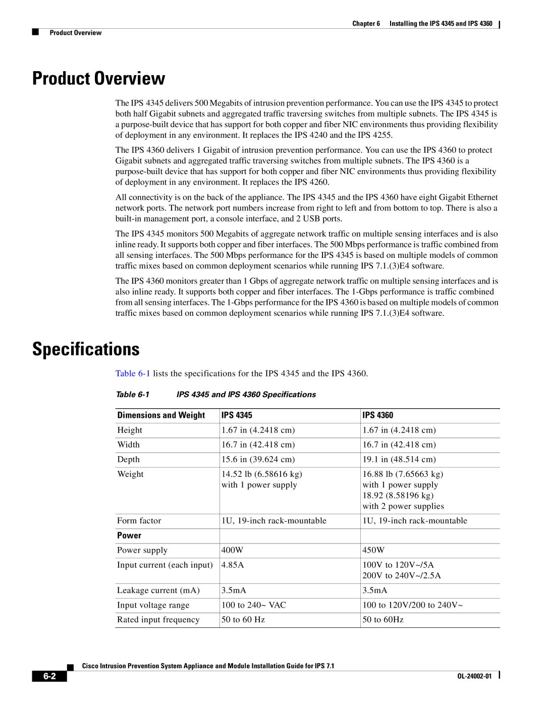 Cisco Systems IPS4520K9 manual 1lists the specifications for the IPS 4345 and the IPS, Dimensions and Weight IPS 