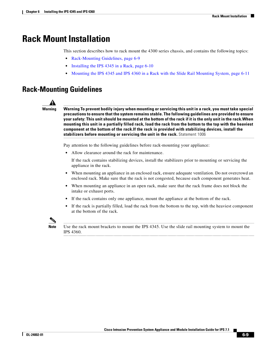 Cisco Systems IPS4520K9 manual Rack Mount Installation, Rack-Mounting Guidelines 