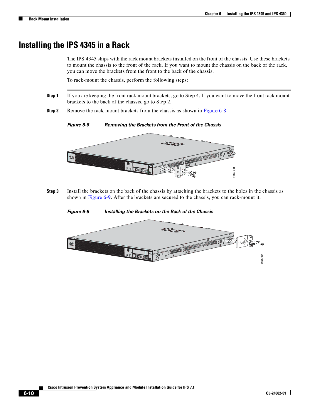 Cisco Systems IPS4520K9 manual Installing the IPS 4345 in a Rack, Removing the Brackets from the Front of the Chassis 