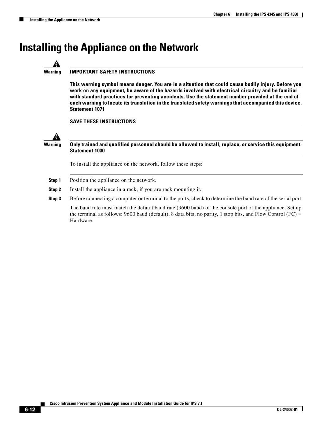 Cisco Systems IPS4520K9 manual Installing the Appliance on the Network 