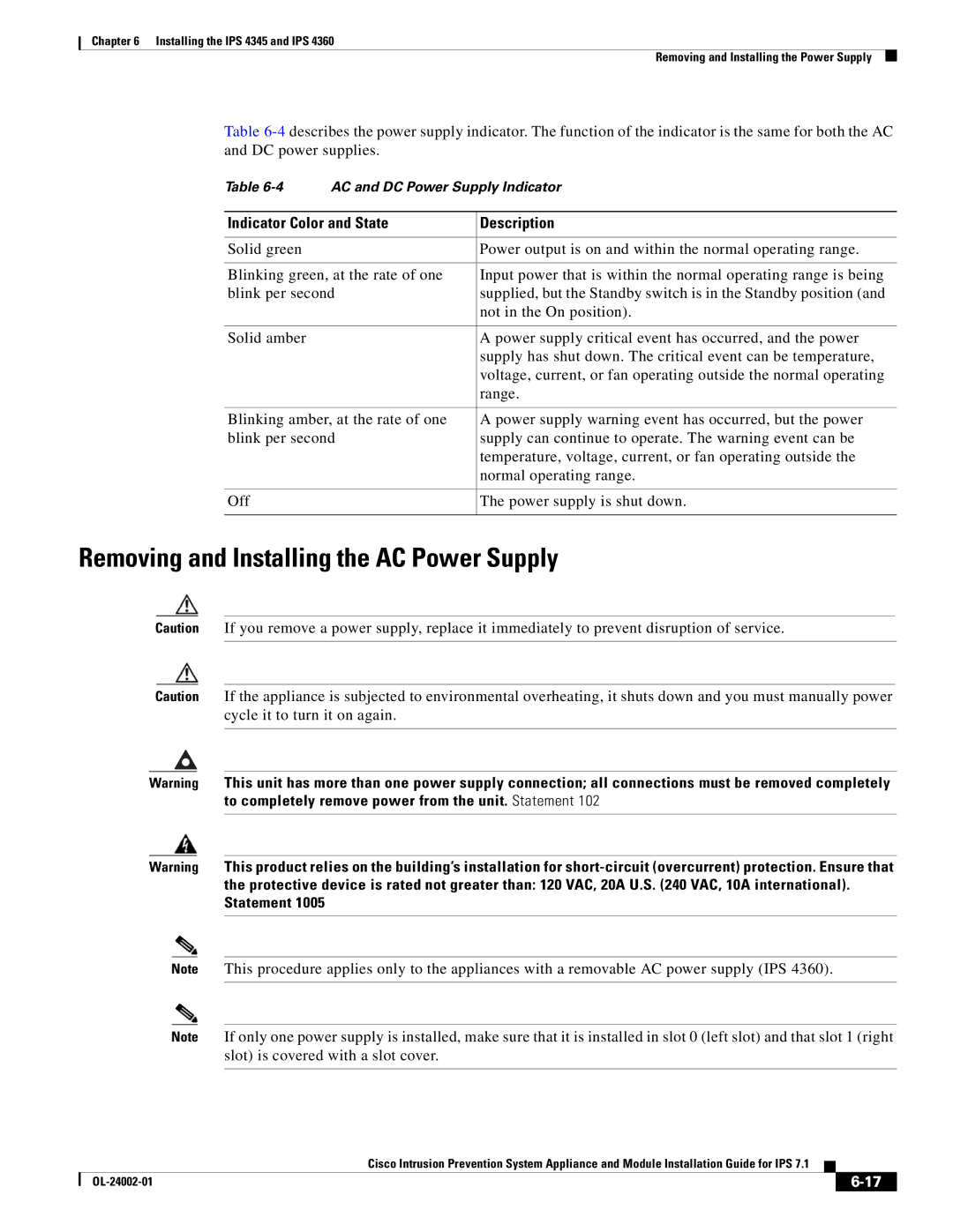 Cisco Systems IPS4520K9 manual Removing and Installing the AC Power Supply, Indicator Color and State Description 