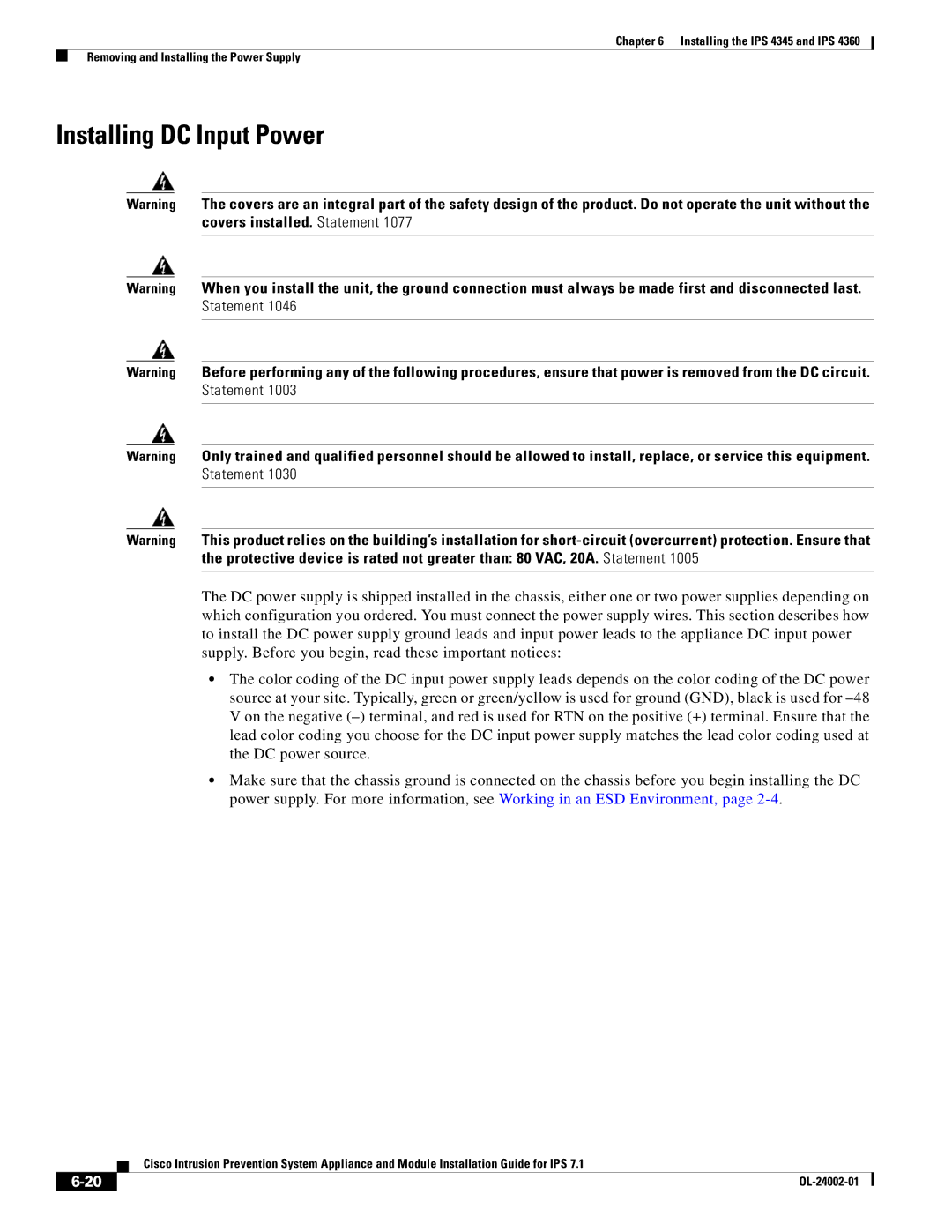 Cisco Systems IPS4520K9 manual Installing DC Input Power 