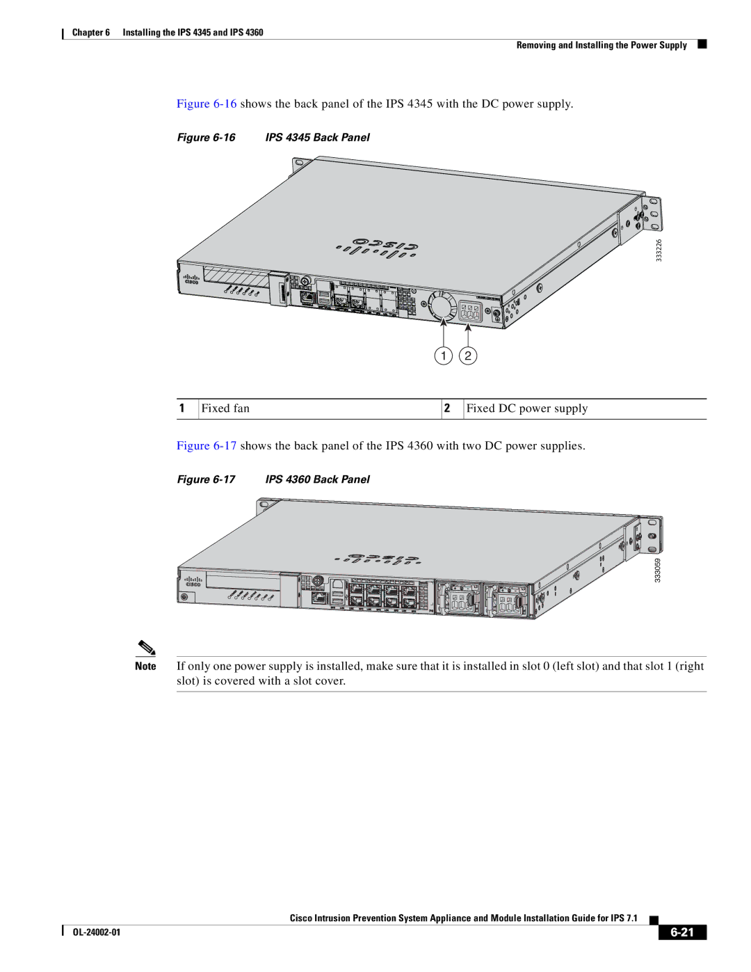 Cisco Systems IPS4520K9 manual Fixed fan Fixed DC power supply, IPS 4345 Back Panel 