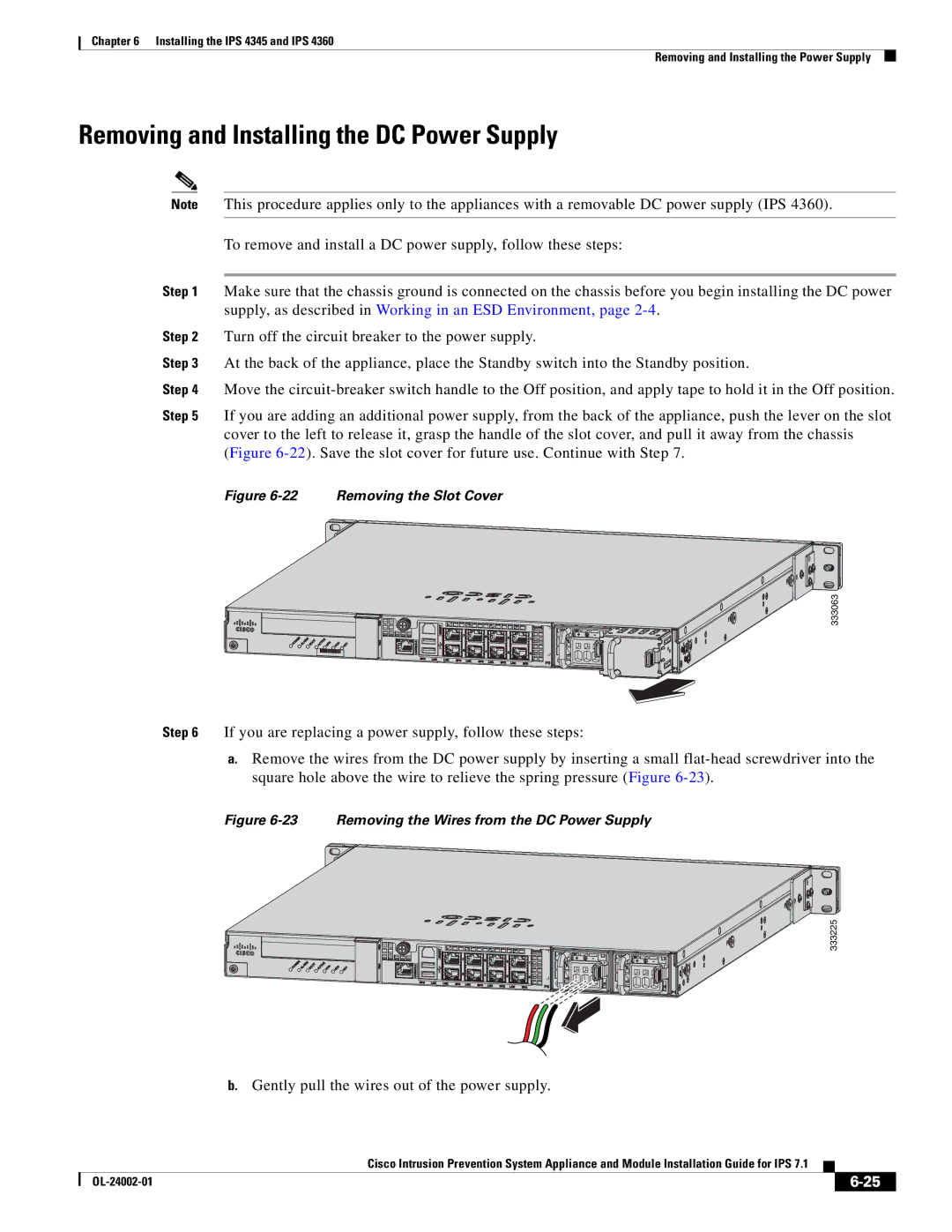 Cisco Systems IPS4520K9 manual Removing and Installing the DC Power Supply, Gently pull the wires out of the power supply 