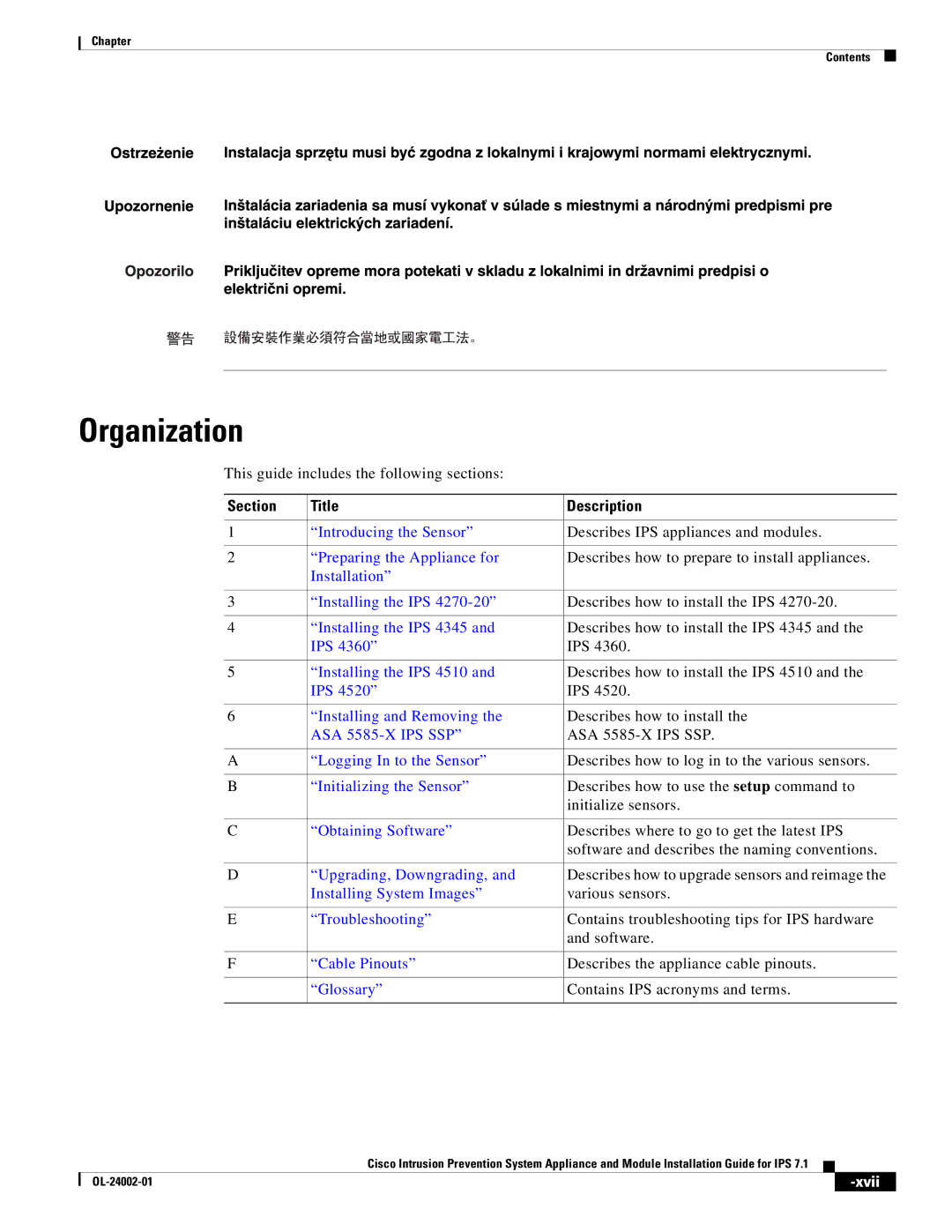 Cisco Systems IPS4520K9 manual Organization, Section Title Description, Xvii 