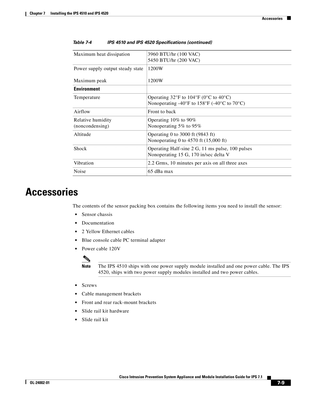 Cisco Systems IPS4520K9 manual Installing the IPS 4510 and IPS Accessories 