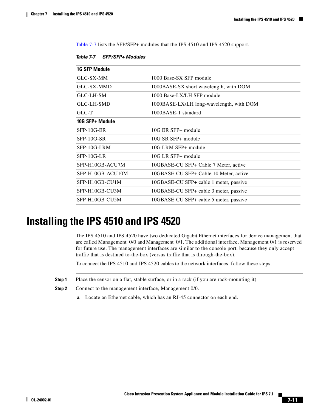 Cisco Systems IPS4520K9 manual Installing the IPS 4510 and IPS, 1G SFP Module, 10G SFP+ Module 