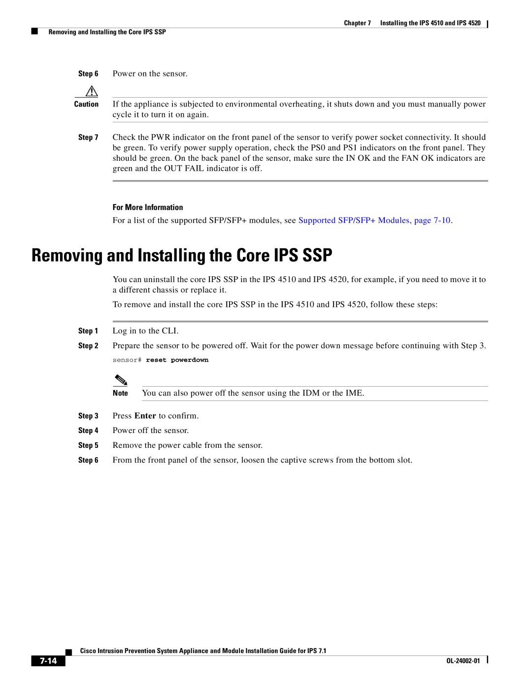 Cisco Systems IPS4520K9 manual Removing and Installing the Core IPS SSP, For More Information 