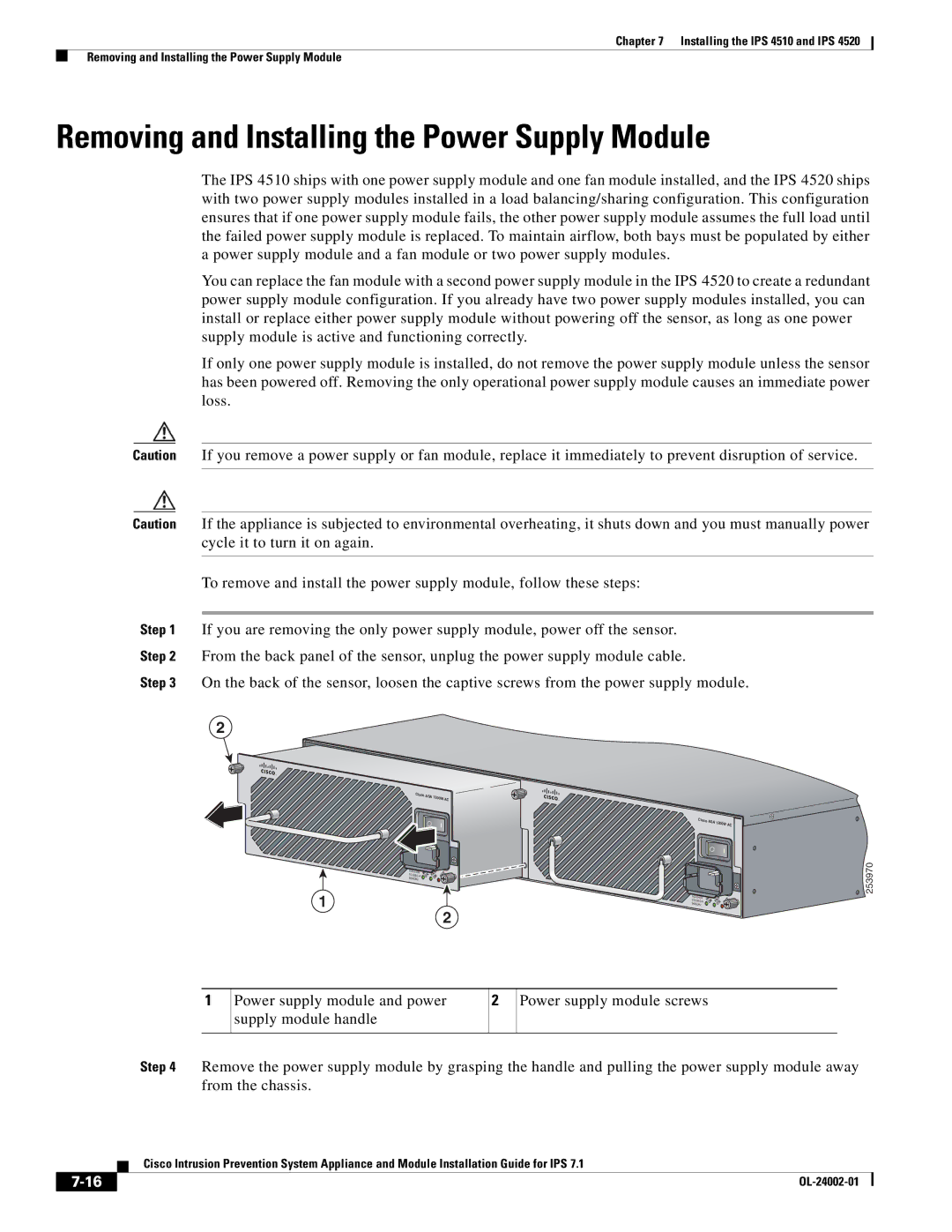 Cisco Systems IPS4520K9 manual Removing and Installing the Power Supply Module 