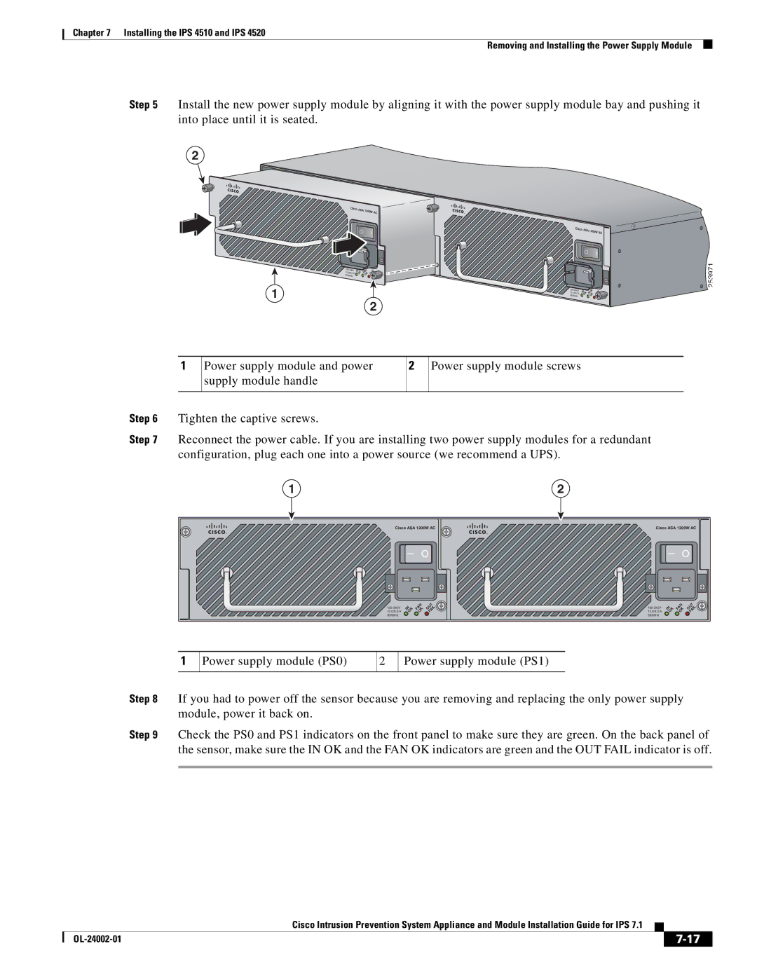 Cisco Systems IPS4520K9 manual Tighten the captive screws 