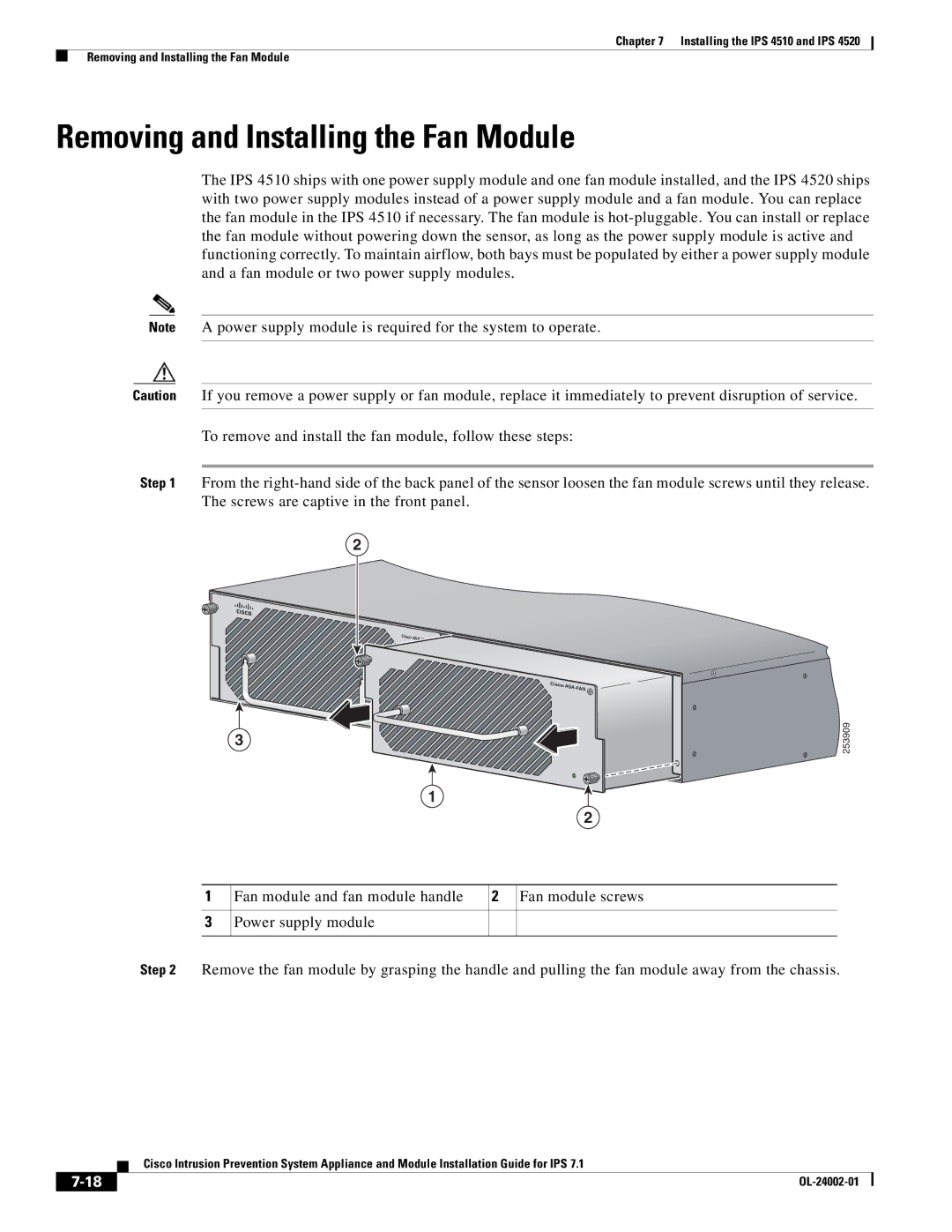 Cisco Systems IPS4520K9 manual Removing and Installing the Fan Module 