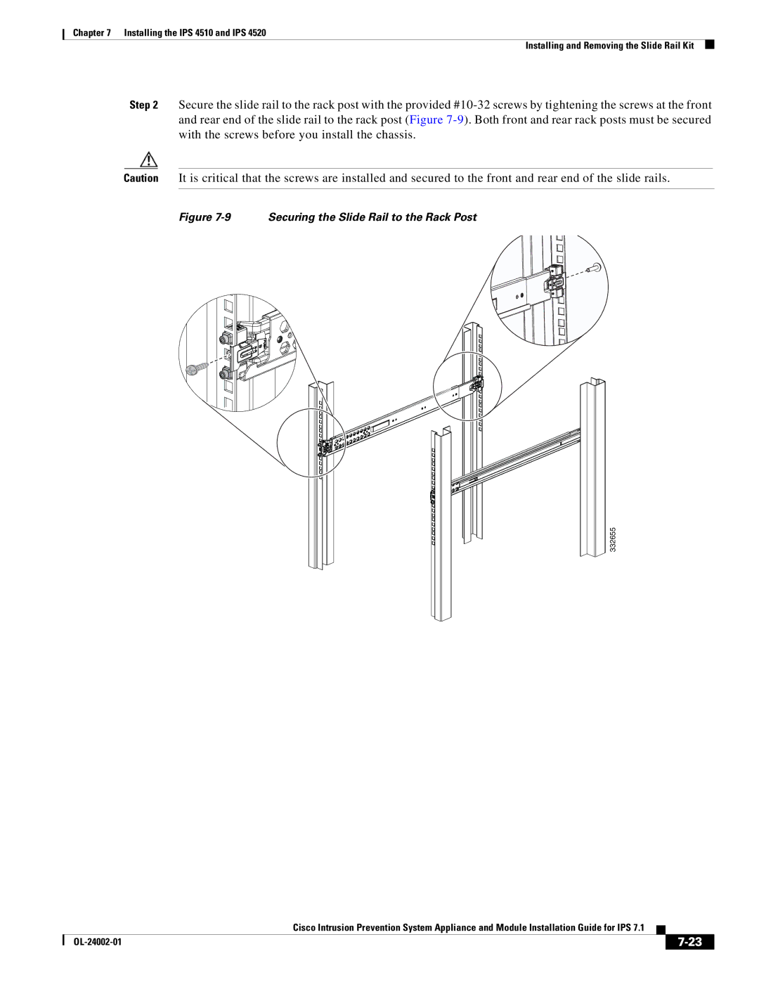 Cisco Systems IPS4520K9 manual Securing the Slide Rail to the Rack Post 