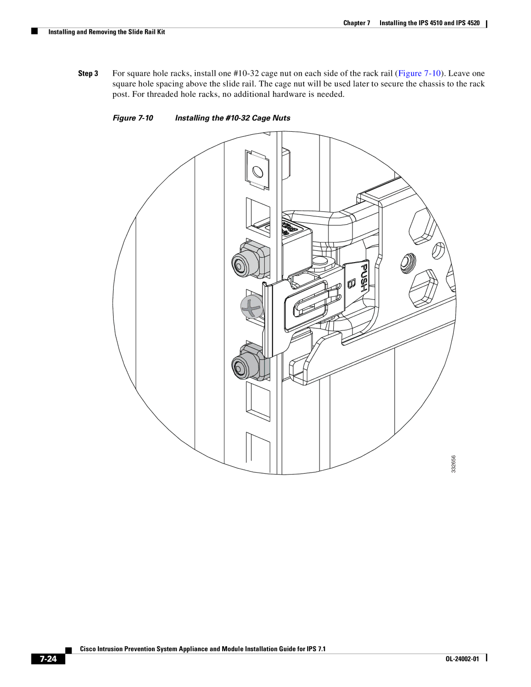 Cisco Systems IPS4520K9 manual Installing the #10-32 Cage Nuts 