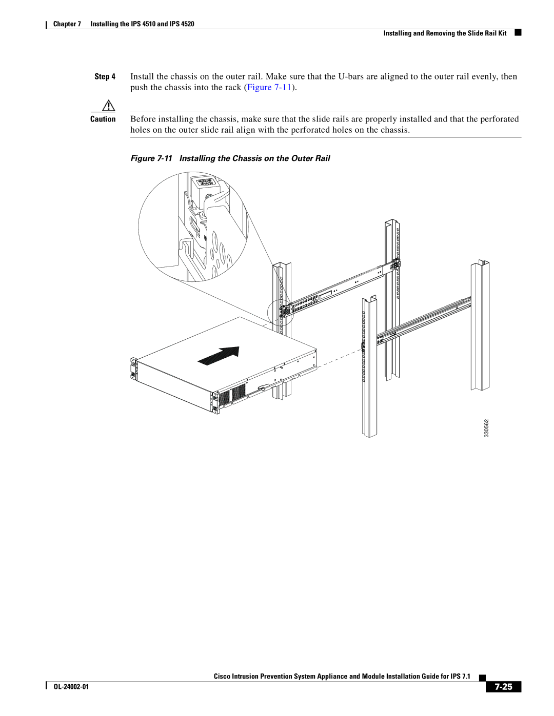 Cisco Systems IPS4520K9 manual Installing the Chassis on the Outer Rail 